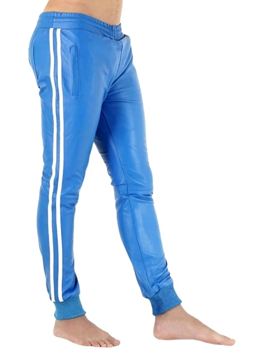 Blue Leather Trousers With White Strips