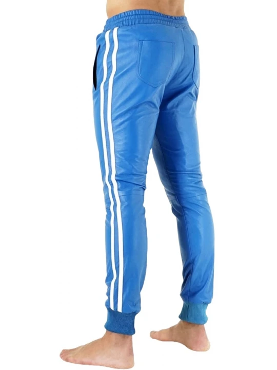 Blue Leather Trousers With White Strips