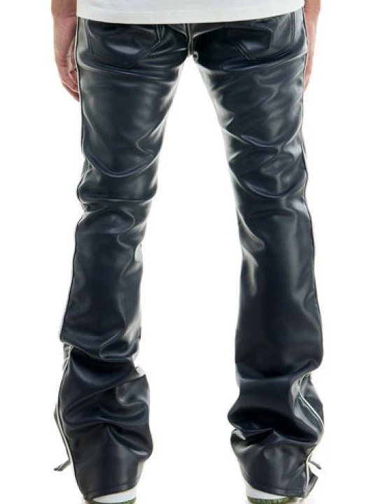 Bottom Slit Navy Blue Leather Pants