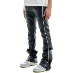 Bottom Slit Navy Blue Leather Pants
