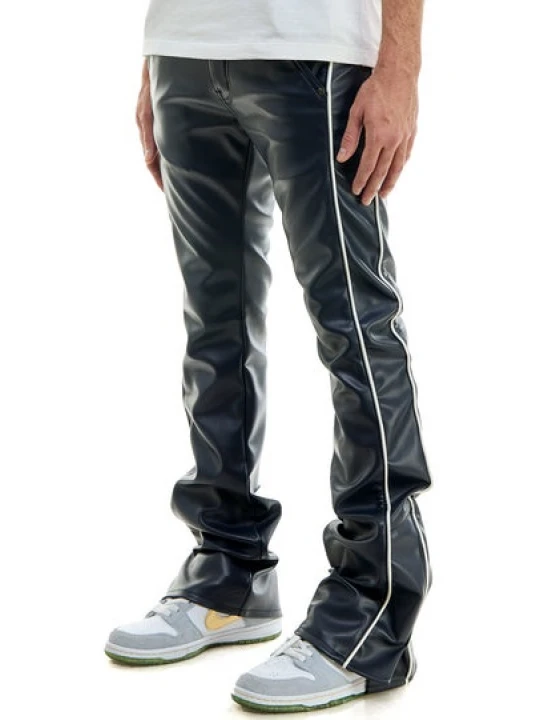 Bottom Slit Navy Blue Leather Pants