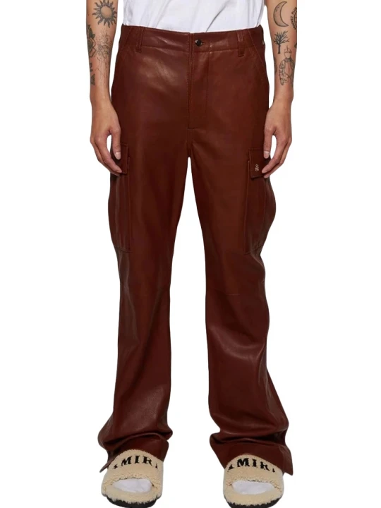 Brown Flared Leather Cargo Pants