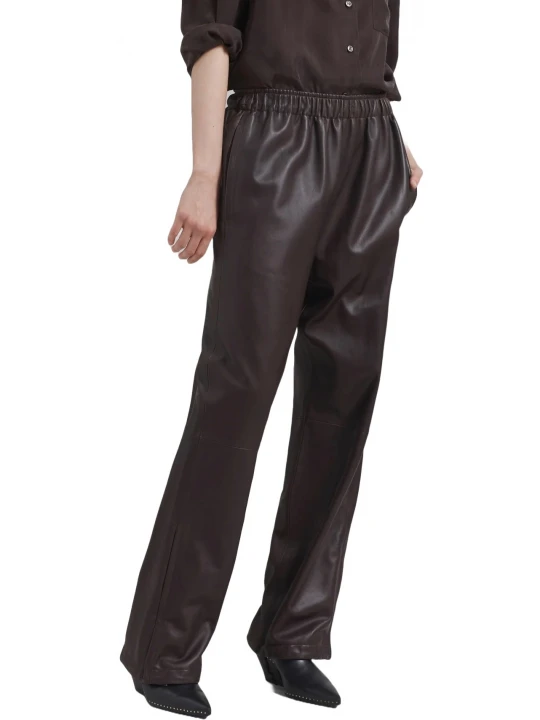 Brown Leather Trousers With Open Hemline