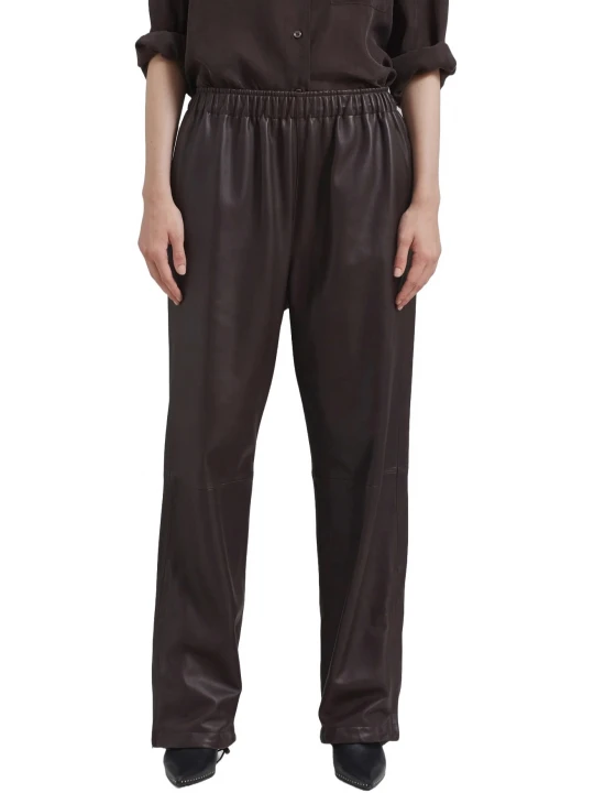 Brown Leather Trousers With Open Hemline