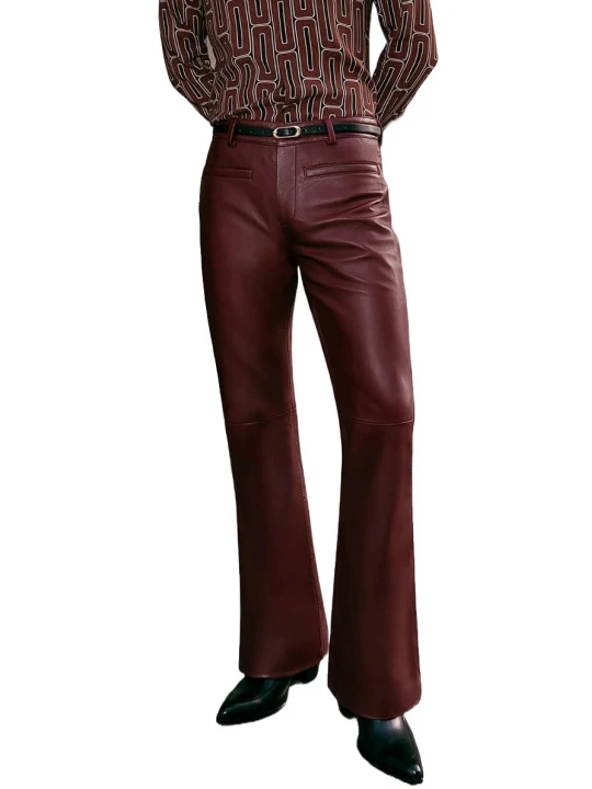 Burgundy Leather Flared Trousers