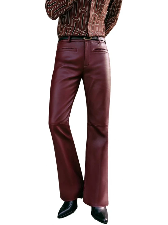 Burgundy Leather Flared Trousers