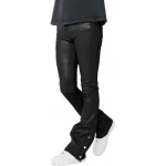 Button Hemline Black Leather Pants
