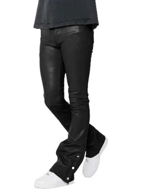 Button Hemline Black Leather Pants