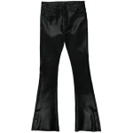 Button Hemline Black Leather Pants