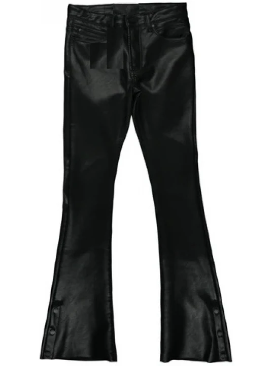 Button Hemline Black Leather Pants