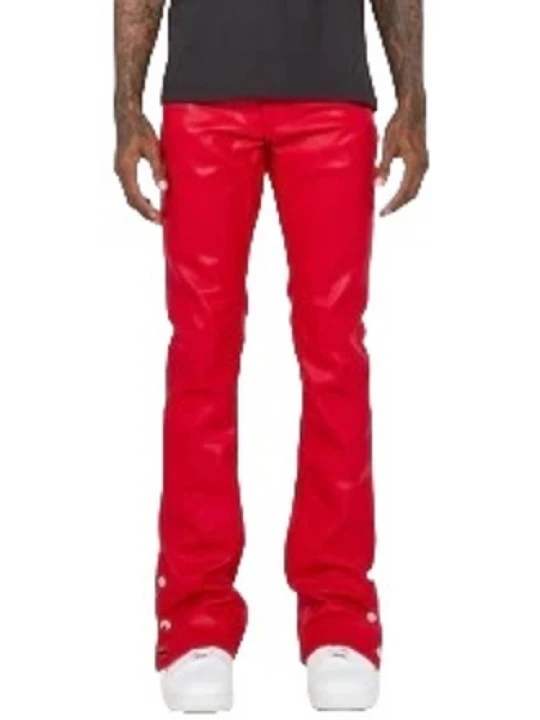 Button Hemline Red Leather Pants