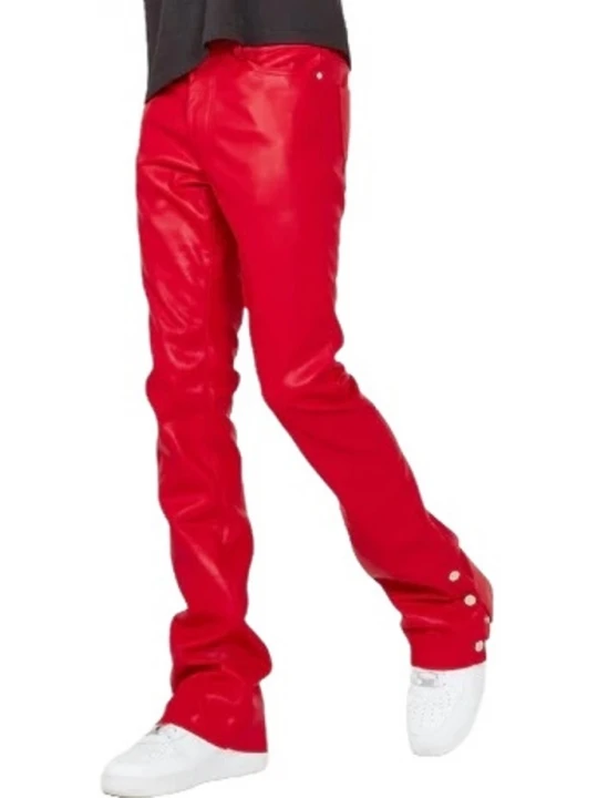 Button Hemline Red Leather Pants