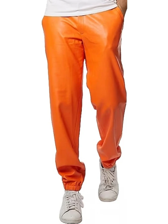 Elastic Hem Orange Leather Pants