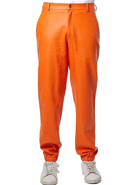 Elastic Hem Orange Leather Pants