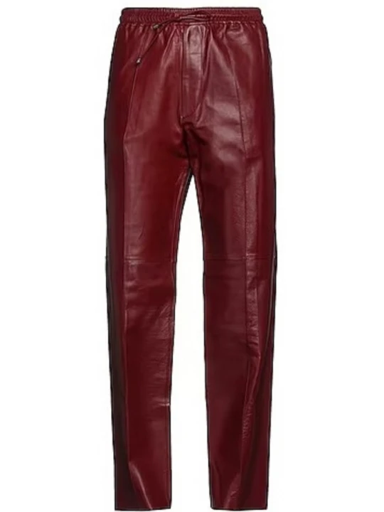 Elastic Waist Burgundy Leather Pants