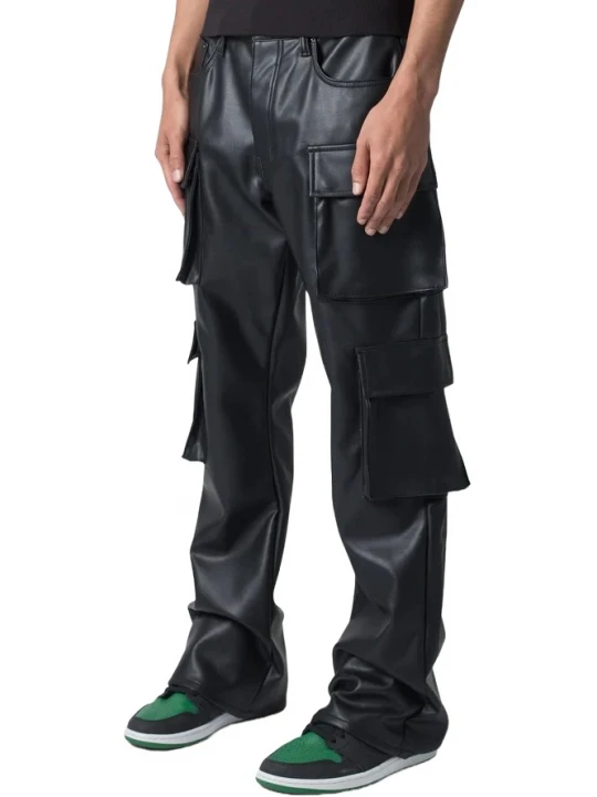 Four Flap Pockets Black Leather Cargo Trousers