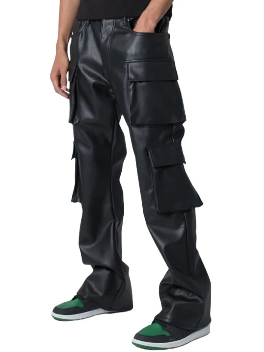Four Flap Pockets Black Leather Cargo Trousers