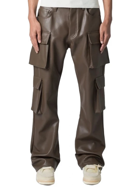 Four Flap Pockets Brown Leather Cargo Trousers