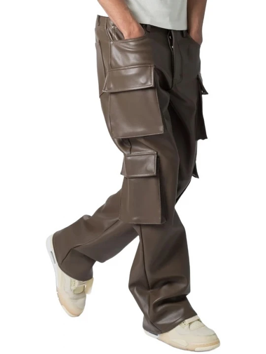 Four Flap Pockets Brown Leather Cargo Trousers