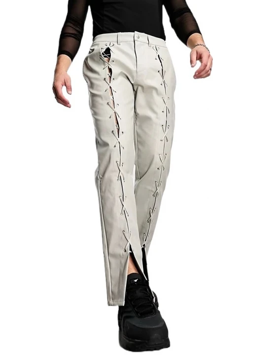 Front Lace Up Cream Leather Pants