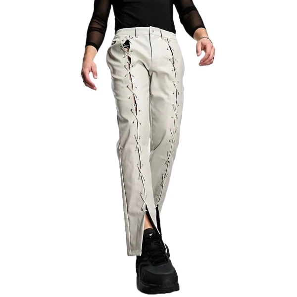 Front Lace Up Cream Leather Pants