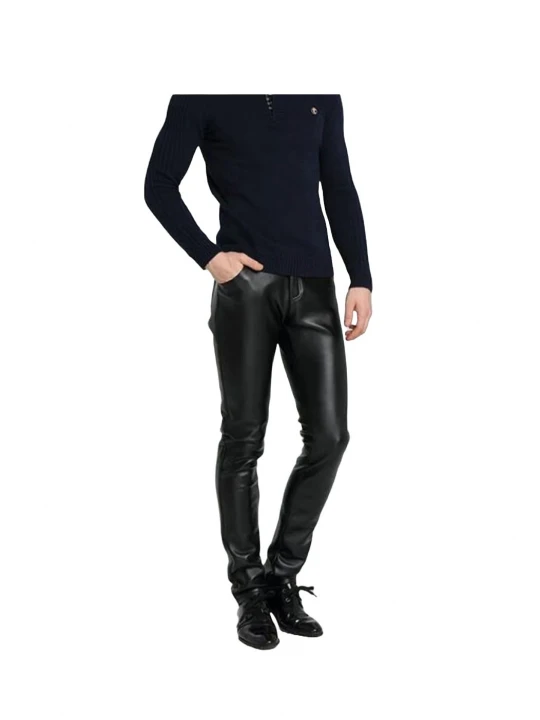 High Waist Slim Fit Black Leather Motorcycle Pants for Men