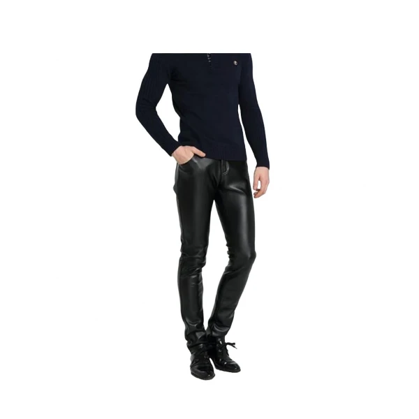 High Waist Slim Fit Black Leather Motorcycle Pants for Men