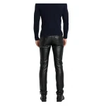 High Waist Slim Fit Black Leather Motorcycle Pants for Men