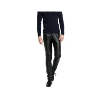 High Waist Slim Fit Black Leather Motorcycle Pants for Men