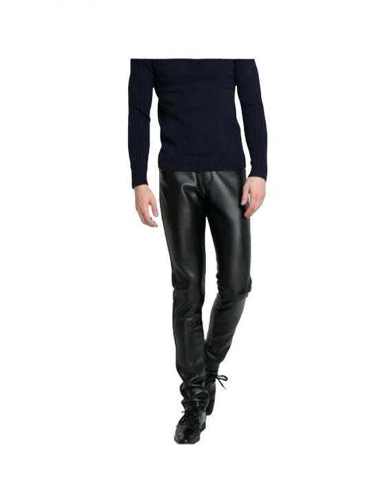 High Waist Slim Fit Black Leather Motorcycle Pants for Men