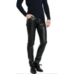 High Waist Slim Fit Black Leather Motorcycle Pants for Men