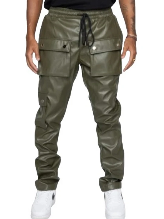 Leather Cargo Pants Olive Green