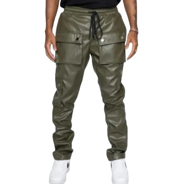 Leather Cargo Pants Olive Green