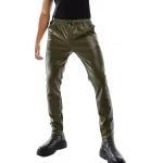 Leather Joggers In Olive Green