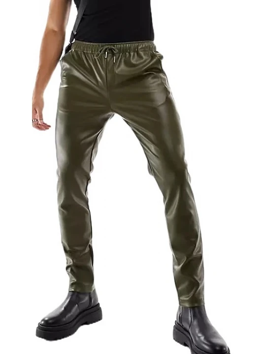 Leather Joggers In Olive Green