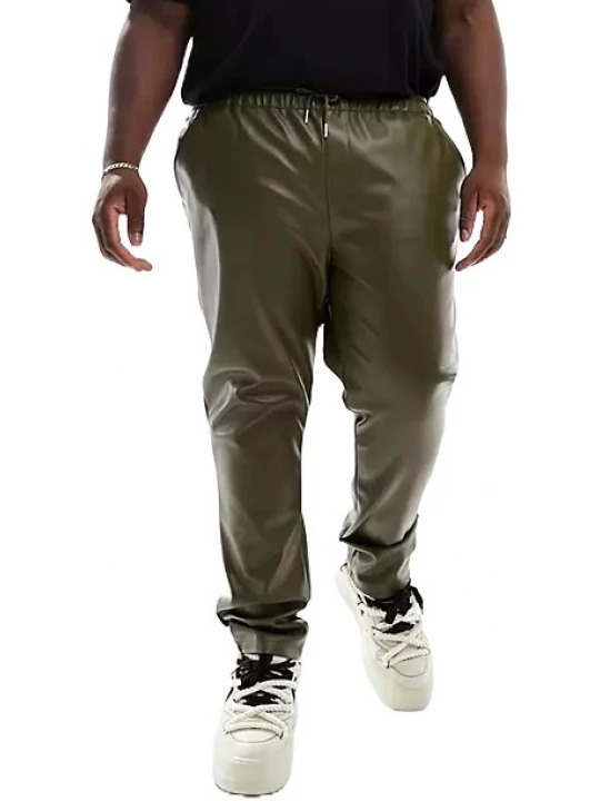 Leather Joggers In Olive Green
