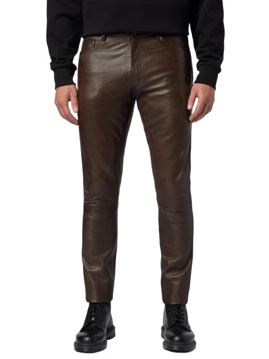 Male Classic Loose Fit Real Brown Leather Pants