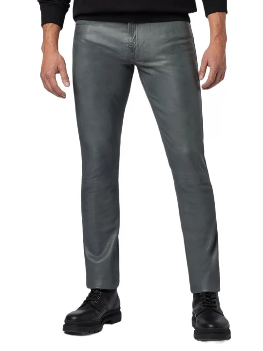 Male Classic Loose Fit Real Grey Leather Pants
