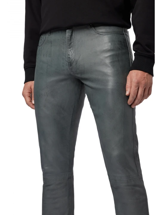 Male Classic Loose Fit Real Grey Leather Pants