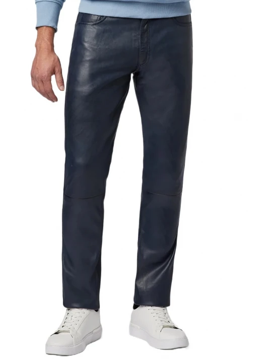 Male Classic Loose Fit Real Navy Blue Leather Pants