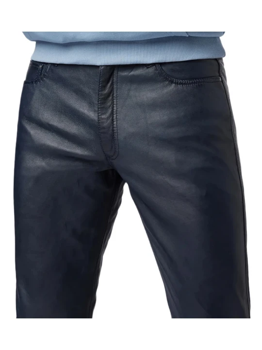 Male Classic Loose Fit Real Navy Blue Leather Pants