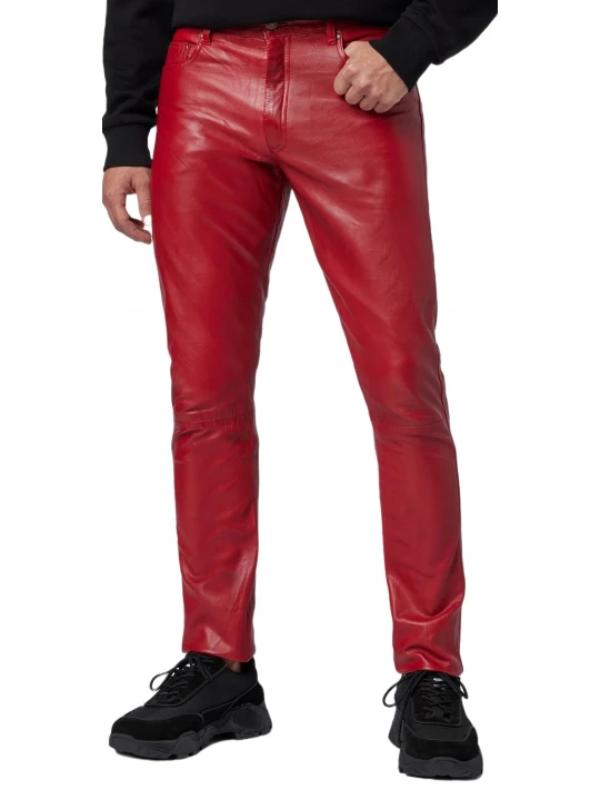 Male Classic Loose Fit Real Red Leather Pants