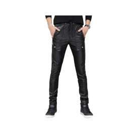 Male Casual Slim Fit Black Leather Trousers Pants 