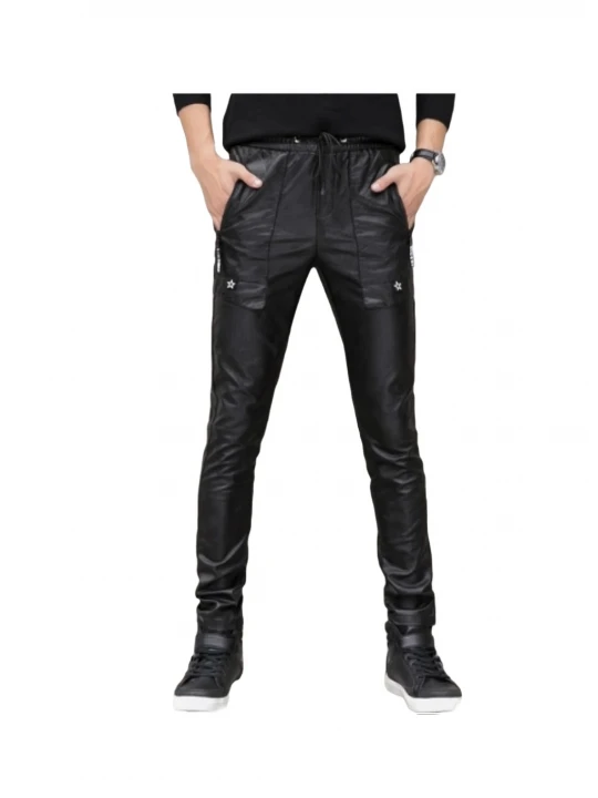 Male Casual Slim Fit Black Leather Trousers Pants