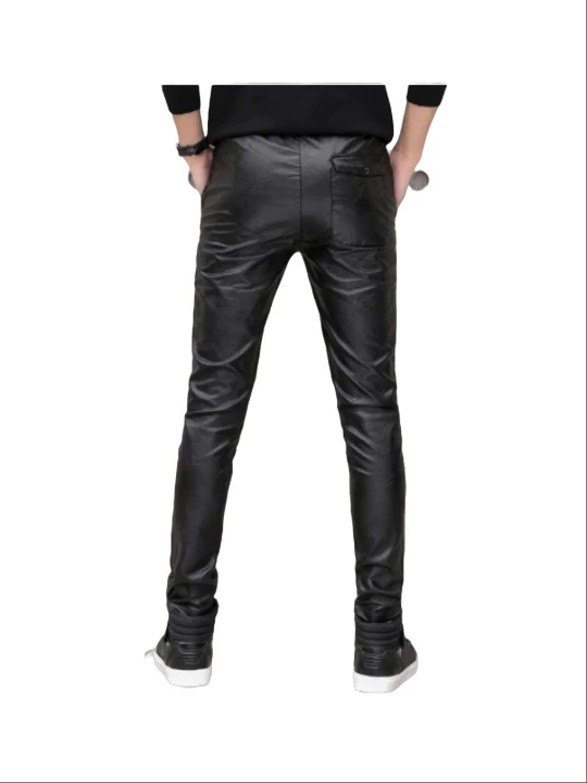 Male Casual Slim Fit Black Leather Trousers Pants