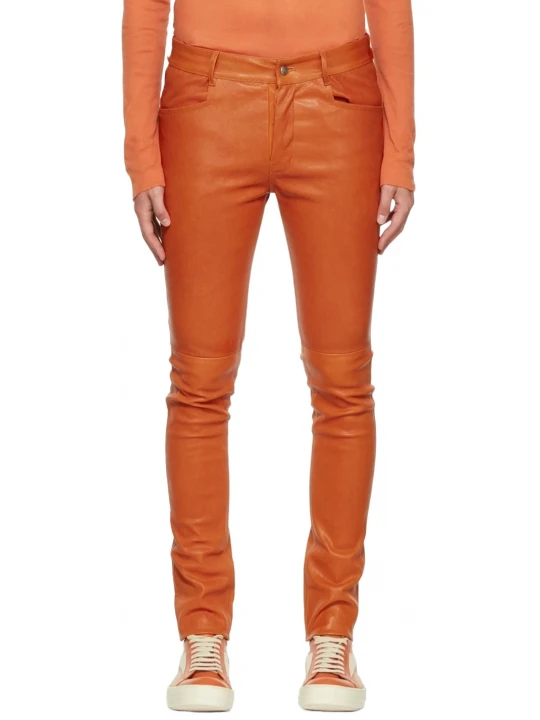 Men Casual Slim Fit Real Sheepskin Orange Leather Trouser Pants