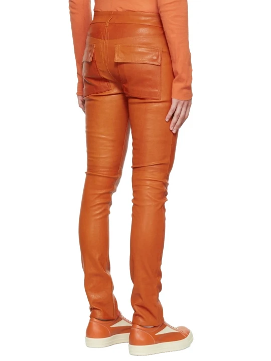 Men Casual Slim Fit Real Sheepskin Orange Leather Trouser Pants