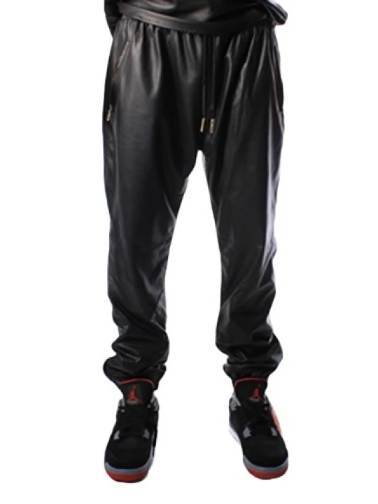 Men Fashion Real Black Sheepskin Leather Harem Track Pants