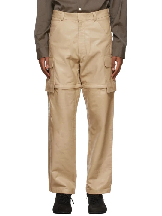 Men Real Lambskin Beige Leather Convertible Cargo Pants