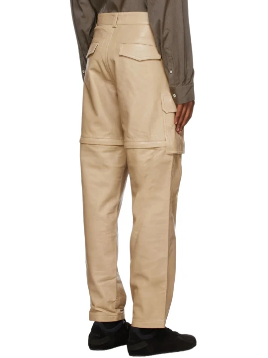 Men Real Lambskin Beige Leather Convertible Cargo Pants